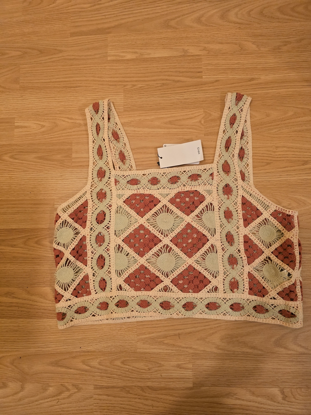 Crochet Lace Square-Neck Tank Top in Cream and Terracotta